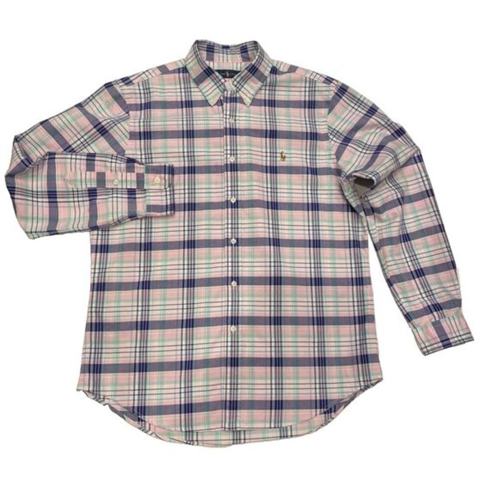 Ralph Lauren Classic Fit Blue/Pink/Green  Men's Button Down Long Sleeve Shirt Lg